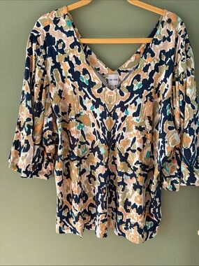 NIC+ZOE Teal Black  Tan Cream V-Neck Printed Blouse